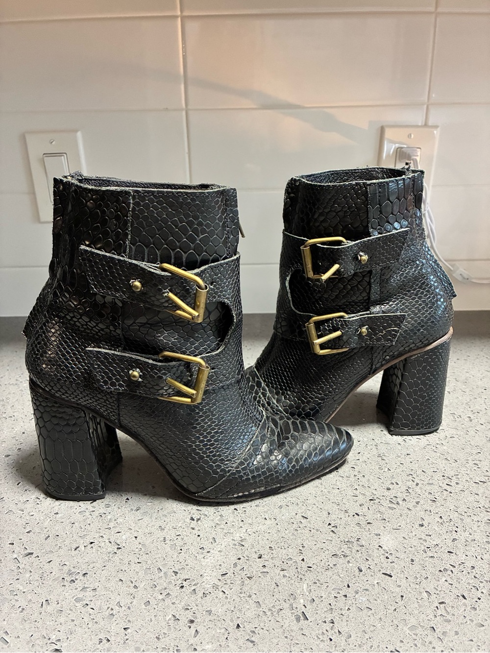 Freebird by Steven Joey Black Snake-Embossed Buckle Ankle Boots